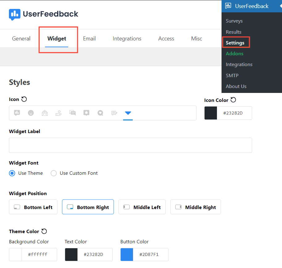 Widget section of UserFeedback settings