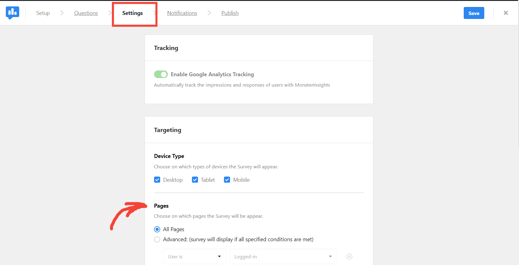 targeting section of userfeedback survey settings