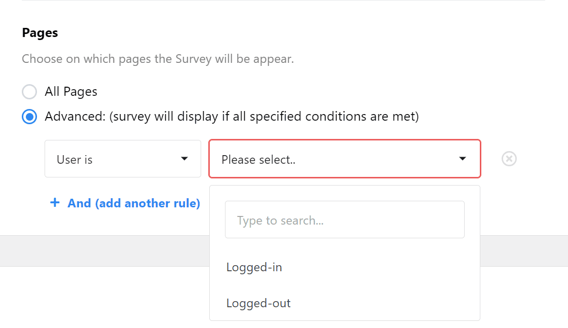 Pages subsection of userfeedback survey targeting settings