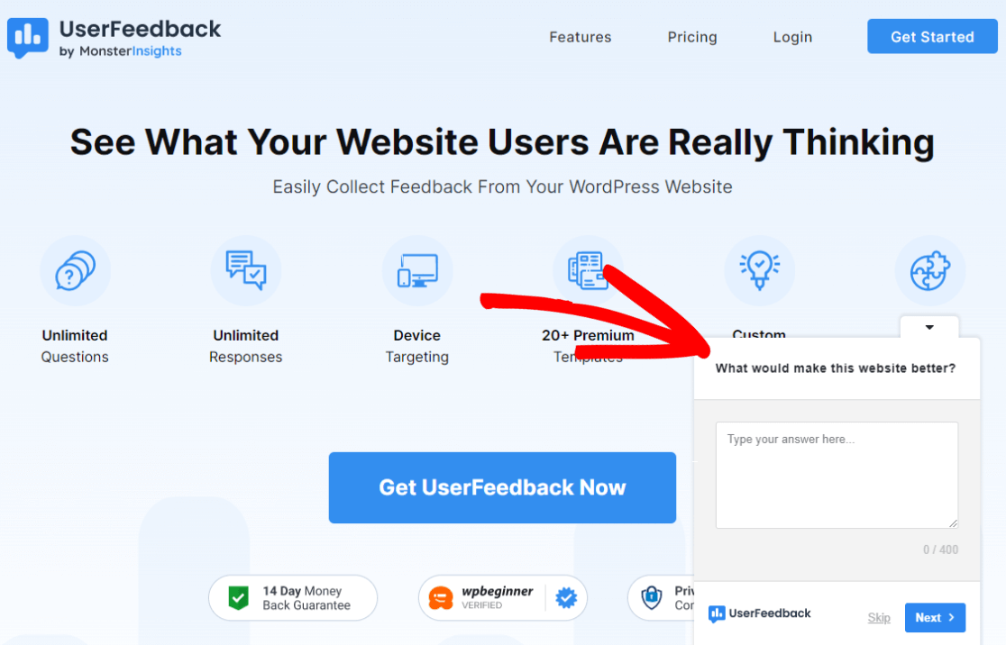 UserFeedback popup survey example