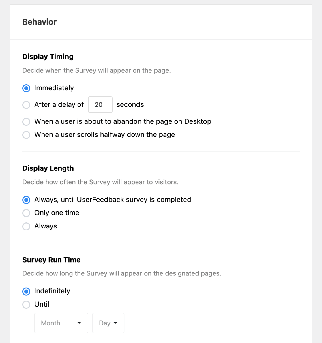 UserFeedback survey behavior settings