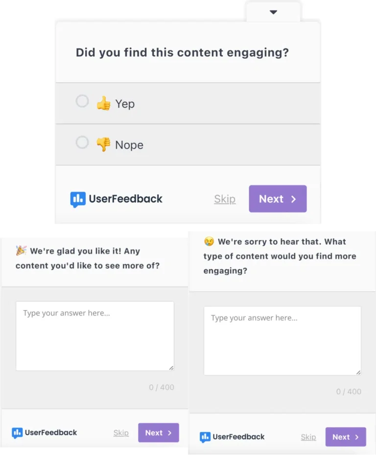 customer-survey-question-engaging-content-1-1.png - UserFeedback UserFeedback survey asking whether content was engaging, with a different open follow-up question after yes and after no