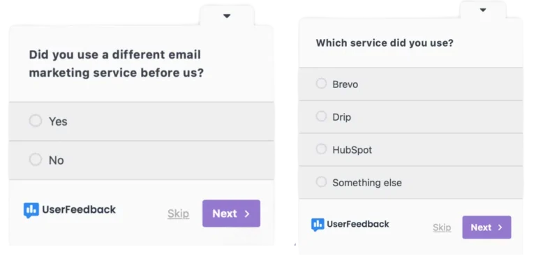 customer-survey-questions-competition-research-example-1-1.png - UserFeedback UserFeedback survey asking whether a visitor used a similar service before, with a follow-up asking which one