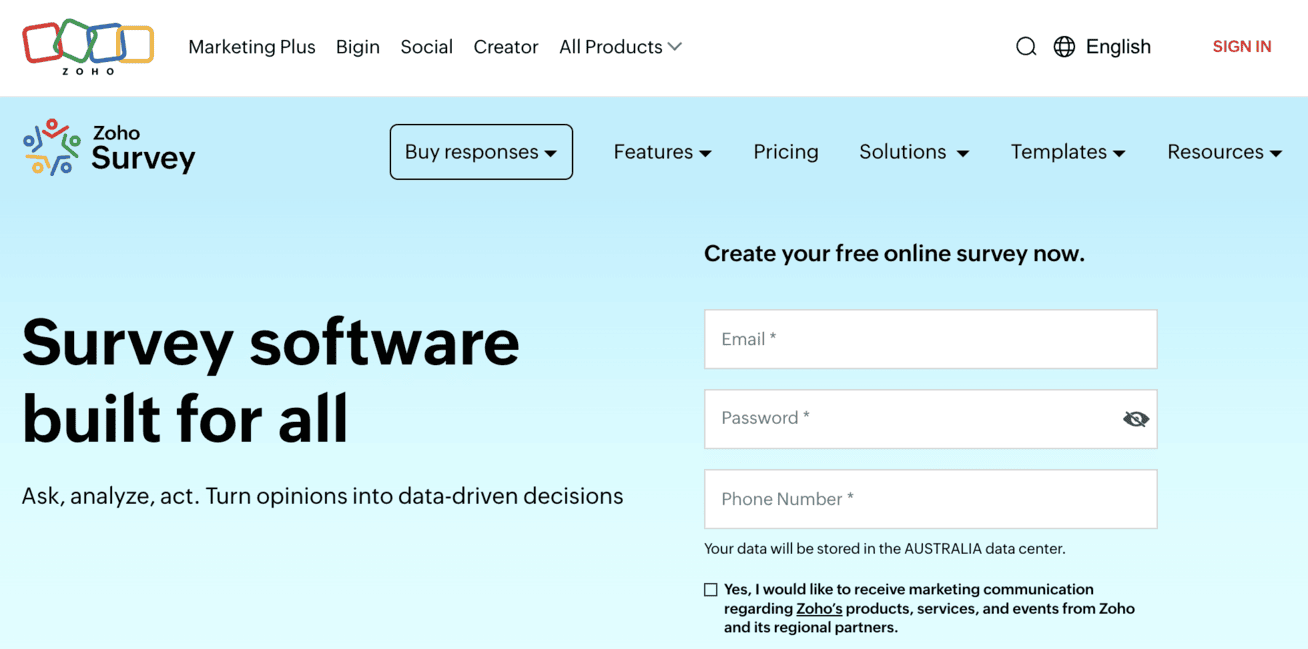 Zoho Survey home