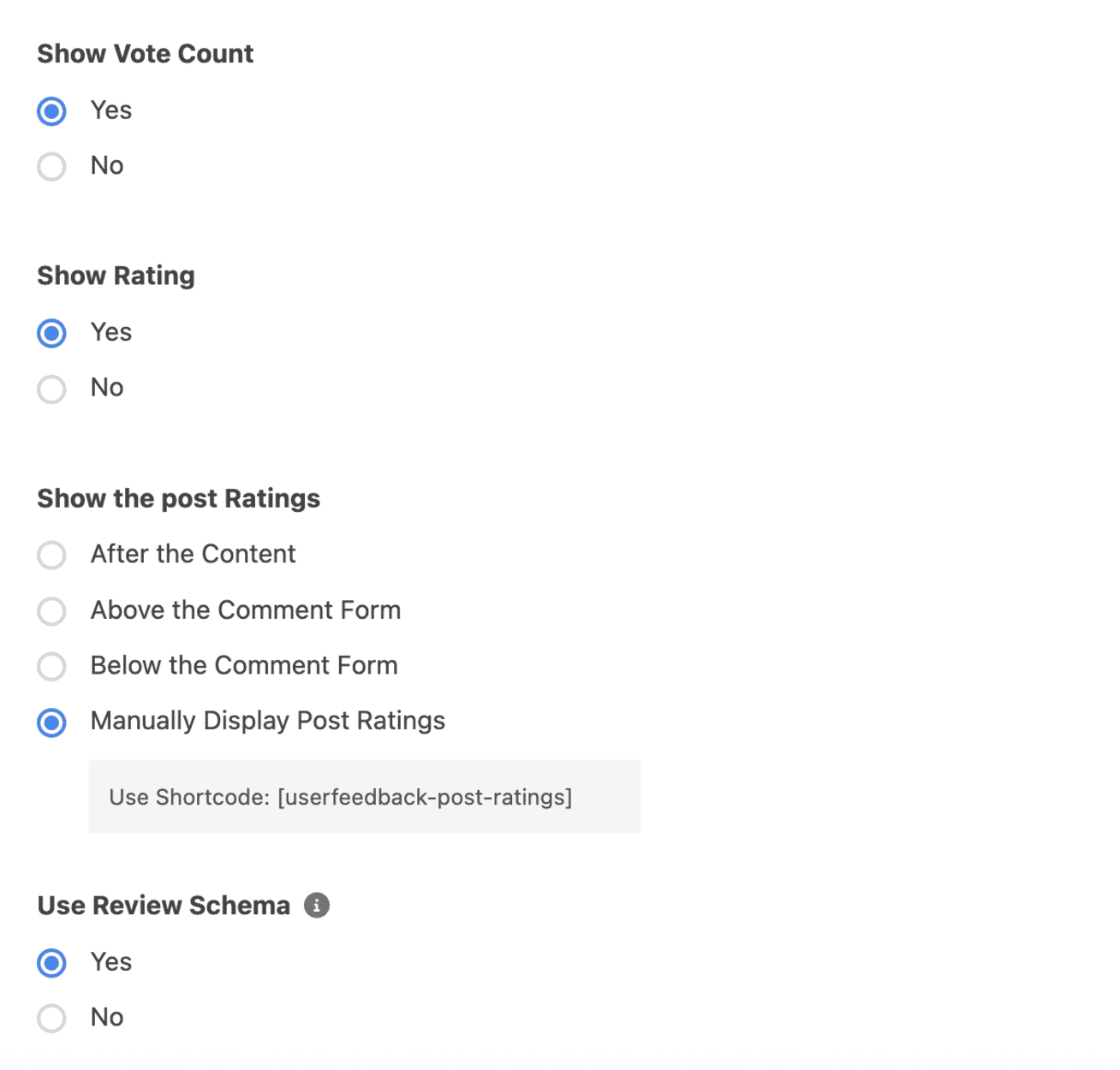 post ratings settings: placement and schema