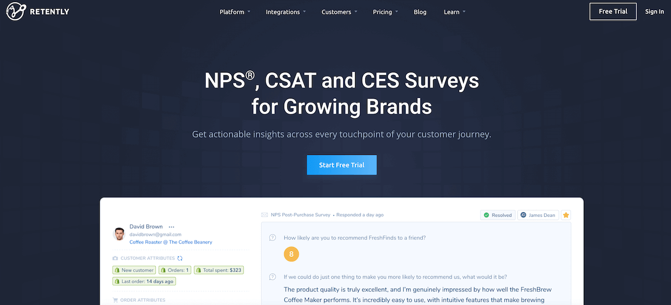 Retently NPS, CSAT, CES Surveys