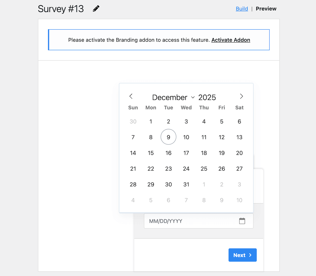 Previewing the date question type with calendar options