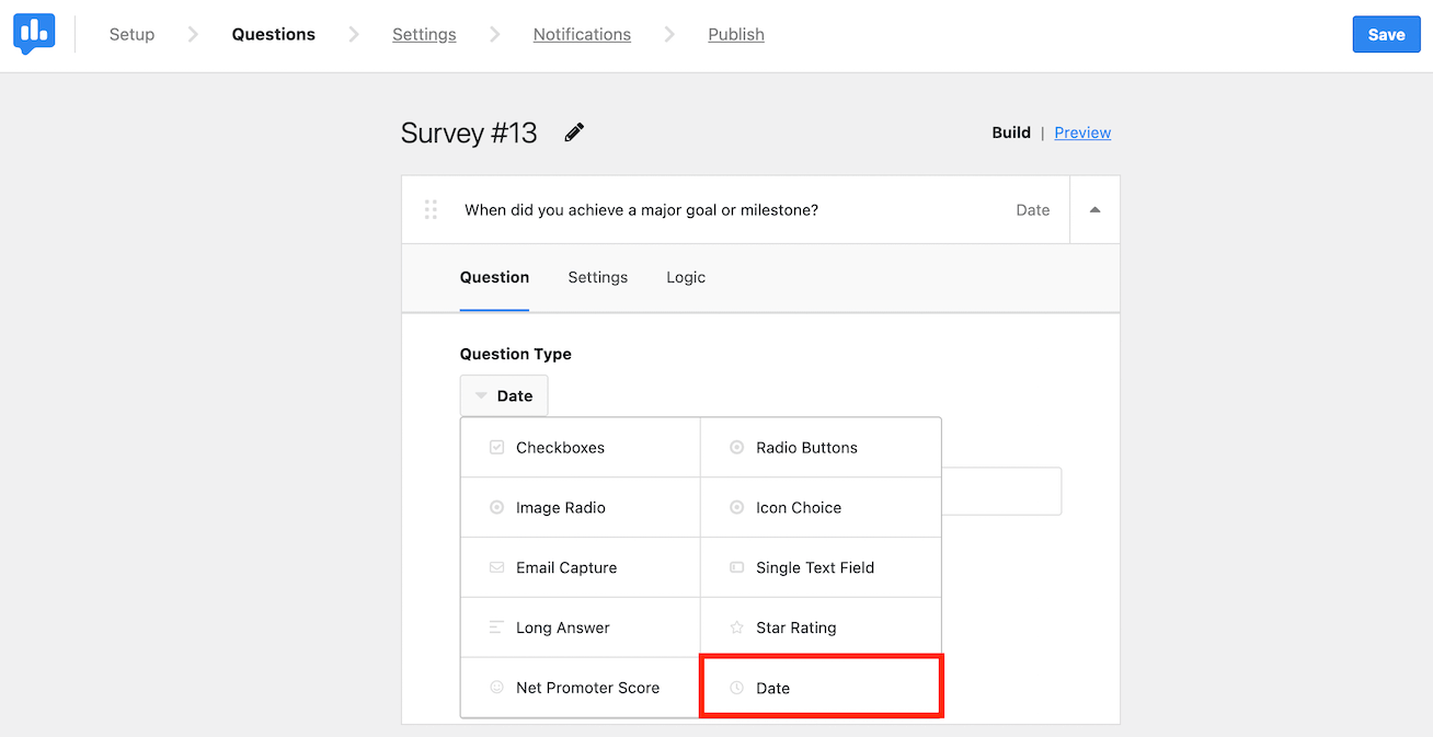 Choosing the Date Question Type in the UserFeedback builder