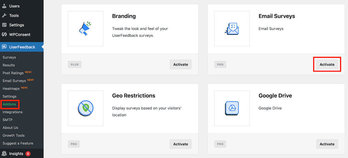 Activate the Email Surveys addon