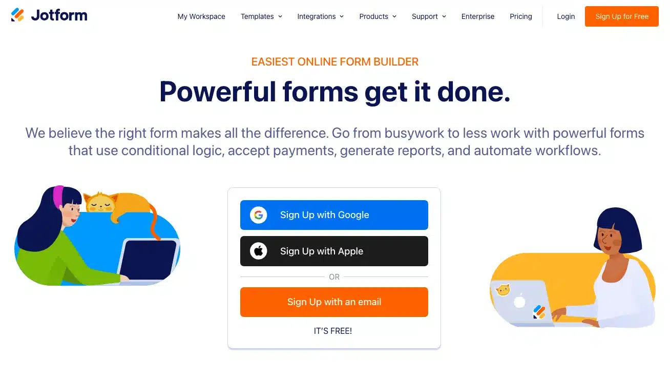 JotForm free form and survey builder homepage