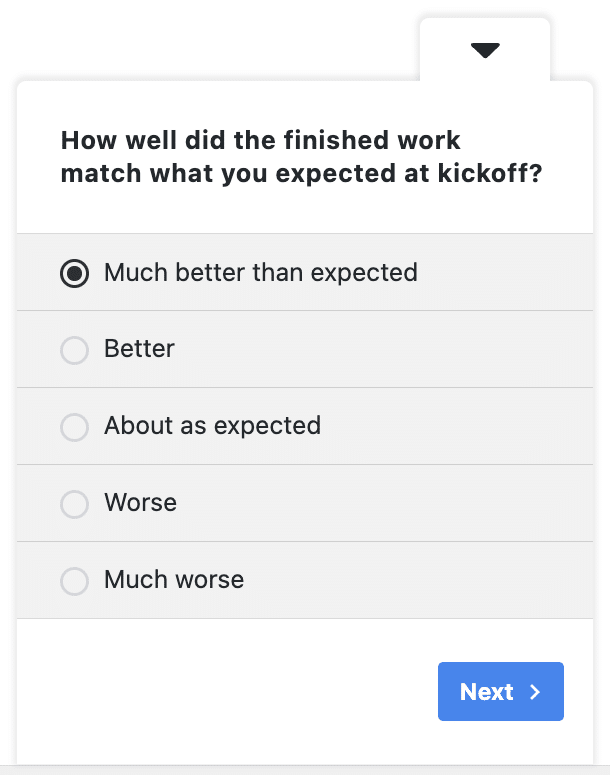 Client feedback survey template in UserFeedback, showing the question about how the finished work matched expectations