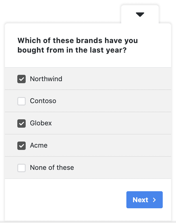 Consumer survey questionnaire template in UserFeedback, showing a checkbox question about brands bought from in the last year