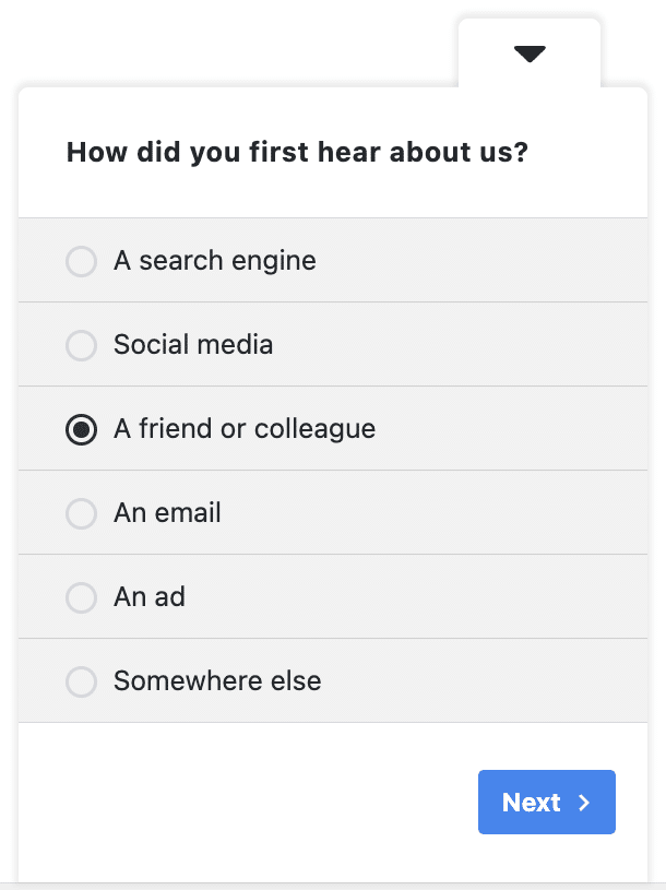 Customer questionnaire template in UserFeedback, showing the question about how the customer first heard about the business