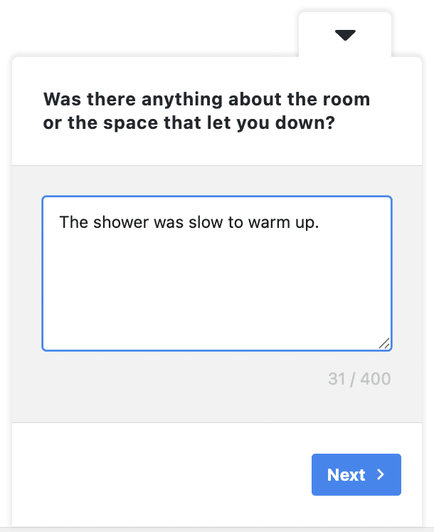 Guest satisfaction survey template in UserFeedback, showing an open text question about anything that let the guest down