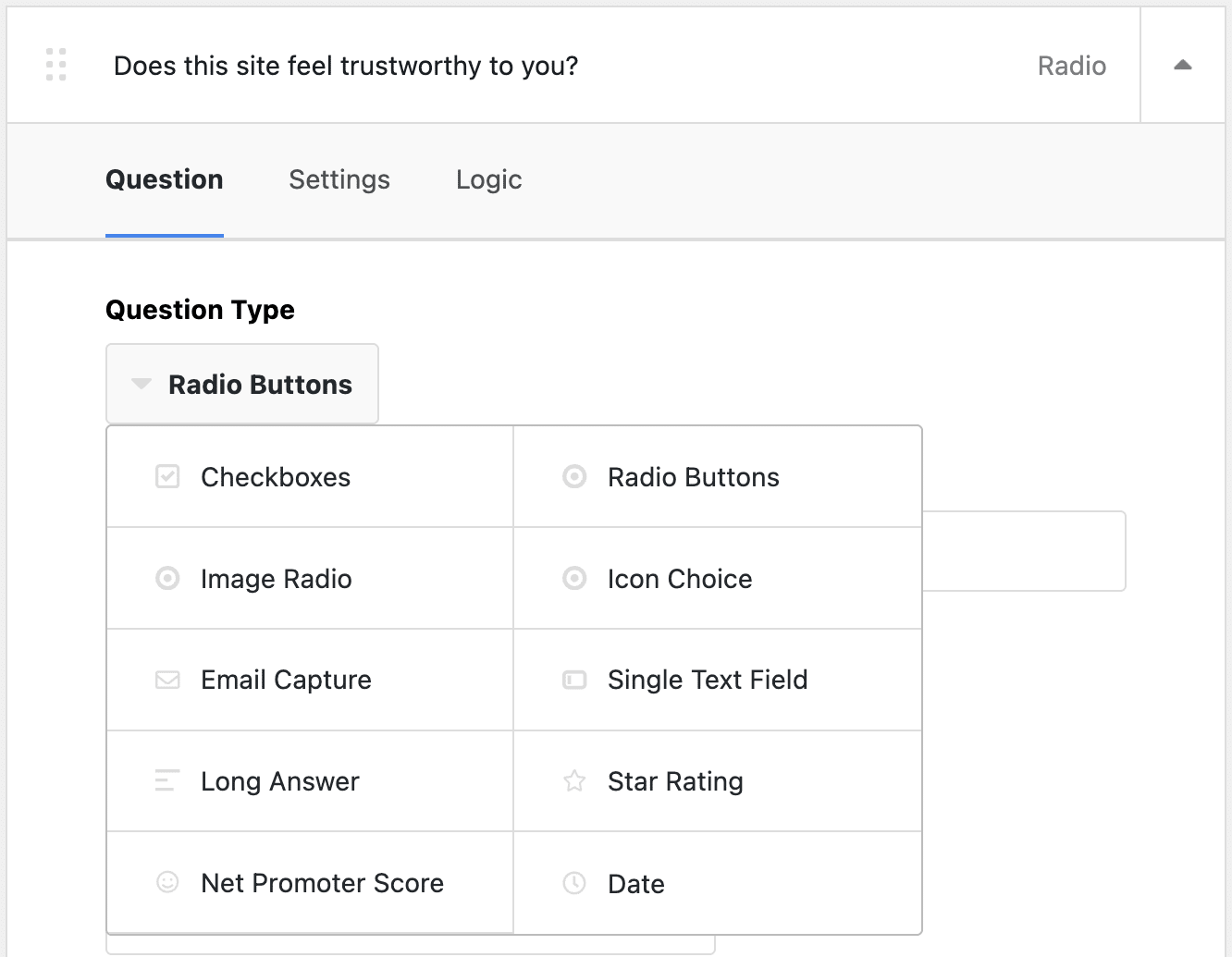 The Question Type dropdown in the UserFeedback survey builder, with Radio Buttons selected