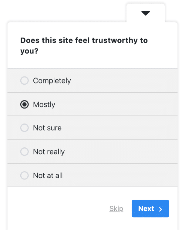 Website feedback survey template in UserFeedback, showing the question asking whether the site feels trustworthy
