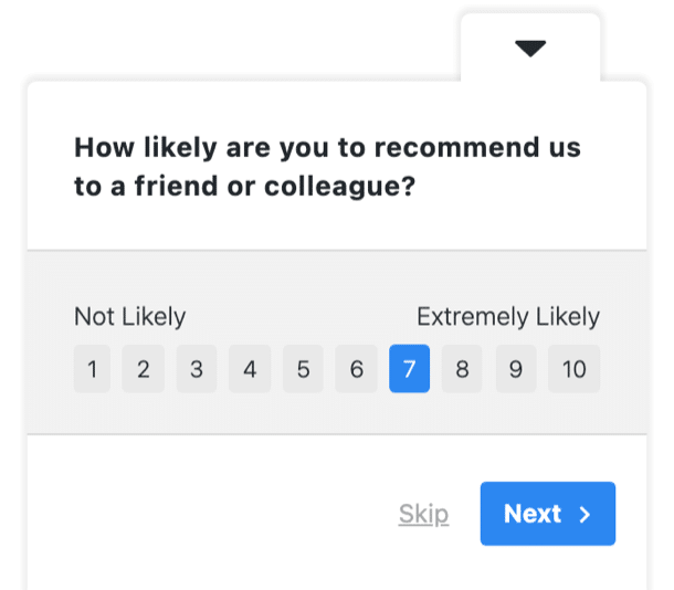 UserFeedback widget showing the Net Promoter Score recommendation question on a 1 to 10 scale