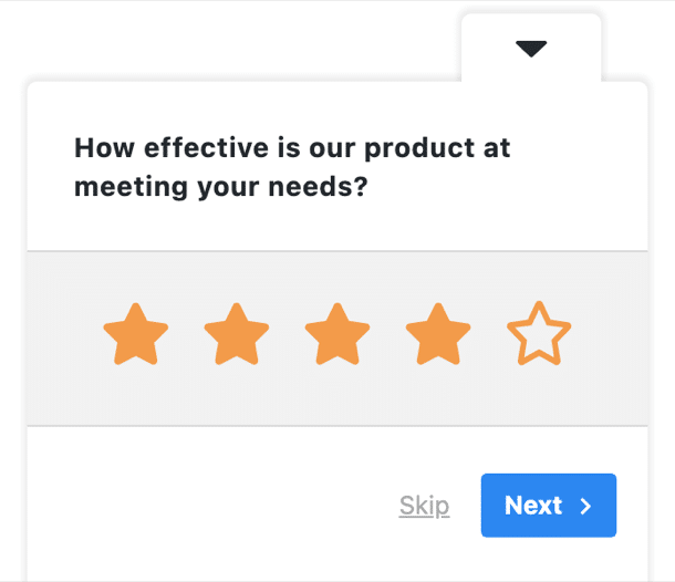 Star rating question from the product improvement set, shown in the UserFeedback widget on a WordPress site