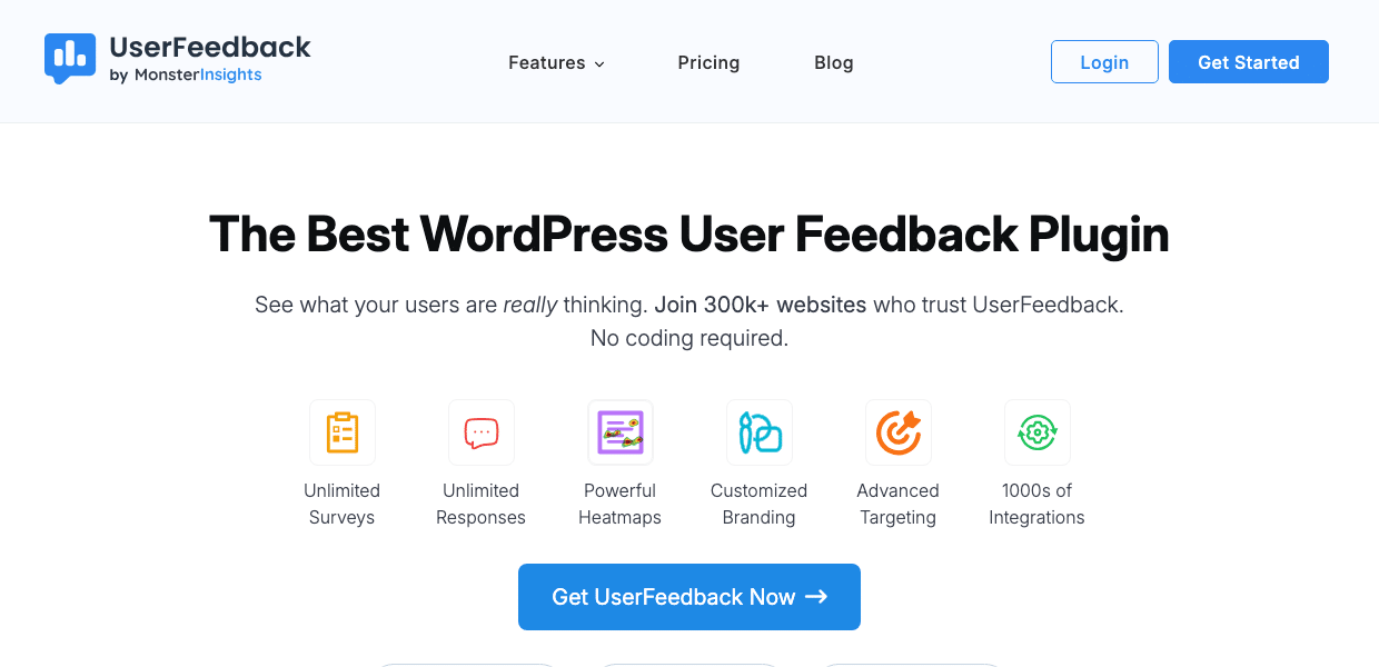 UserFeedback homepage feature overview - UserFeedback The UserFeedback homepage, showing the product headline above a row of six feature icons and the main call-to-action button