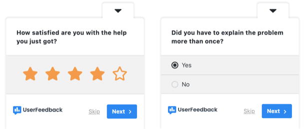 UserFeedback support survey star rating and repeat question - UserFeedback Two UserFeedback survey panels side by side. The first asks how satisfied someone is with the help they just got, answered with four of five stars. The second asks whether they had to explain the problem more than once, with Yes selected.